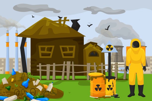 黄色服装中的专业专家人物清晰核废料、技术事故核污染平面矢量插图。图片下载