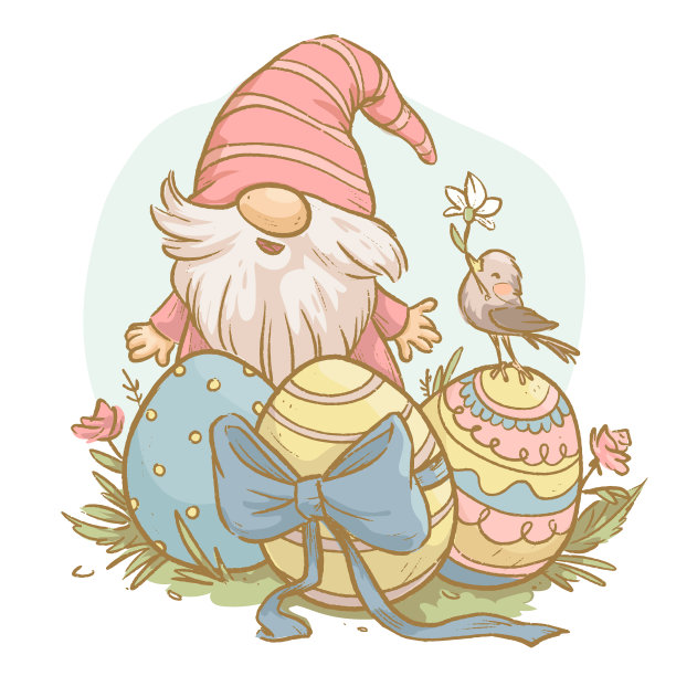 快乐的复活节问候概念与可爱的小侏儒坐在复活节彩蛋和花孤立。图片下载