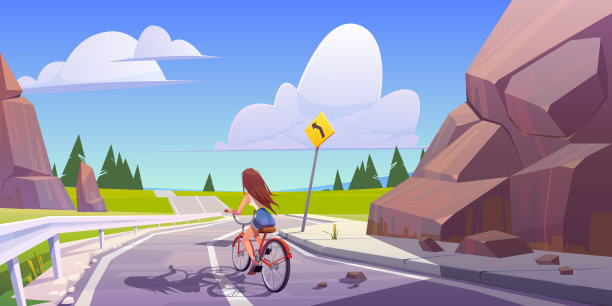 夏日风景与骑自行车的女孩在公路上图片下载