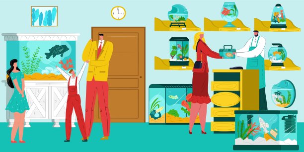 水族鱼店，矢量插图，人们男人女人性格买室内家养动物，金鱼宠物为平女孩男孩儿童。图片下载