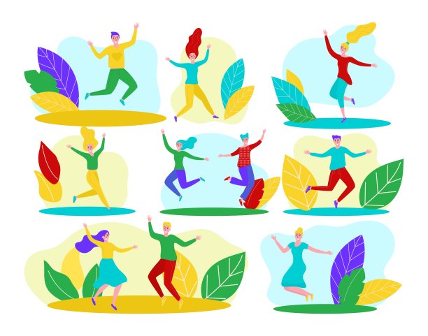 快乐的人，孤立在白色的设置，矢量插图。年轻的男人女人性格跳跃，开朗的人有乐趣，收藏。图片下载