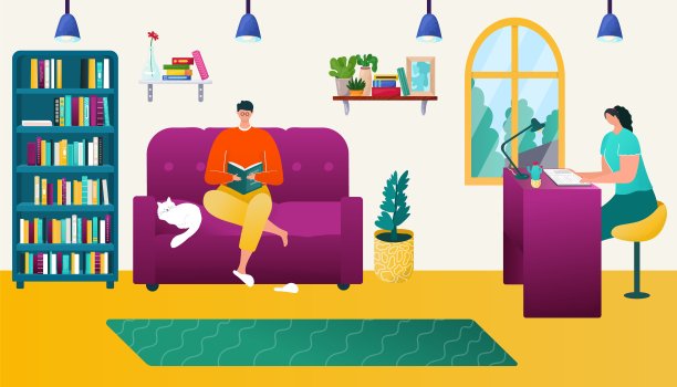 夫妻俩在家里看书，矢量插图，扁平的女人男人性格坐在一起在房间内部，年轻快乐的人们阅读。图片下载