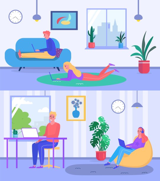 人专业专家自由职业者工作者，男女在线远程员工横幅平面矢量插图，舒适的工作场所。图片下载