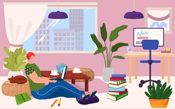 男性角色专业专家程序员自由职业者在家工作，男人在线远程员工横幅平面矢量插图。图片下载