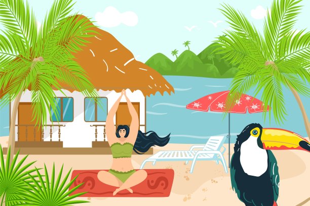 瑜伽放松在热带的夏天，矢量插图，平坦的女孩性格的生活方式，年轻女子冥想身体放松，户外图片下载