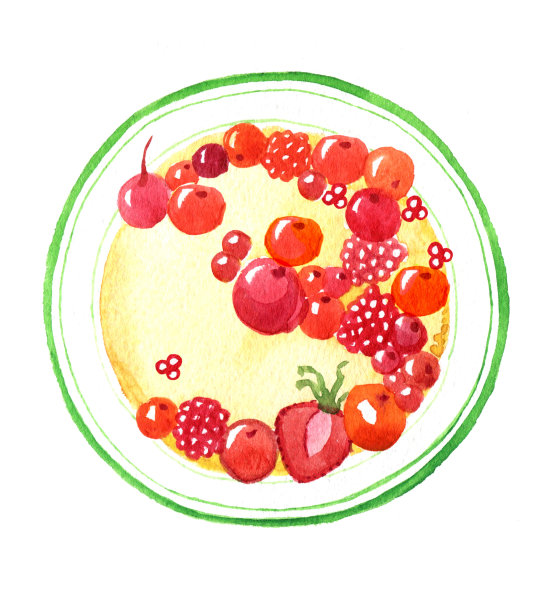 一碗浆果麦片粥。幽默。水彩插图孤立在白色背景。图片下载