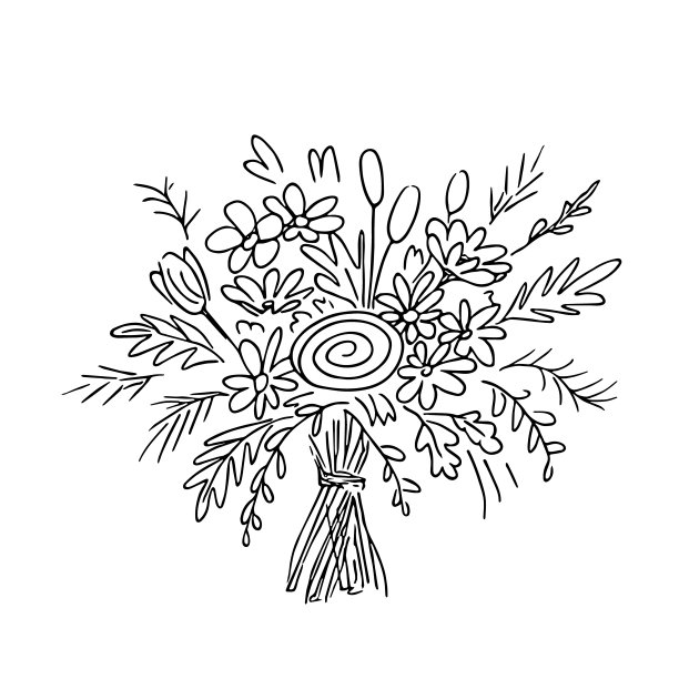 涂鸦花束，手绘鲜花。浪漫一束，送节日礼物。简单的花卉素描，素描，静物画。植物插图图片下载