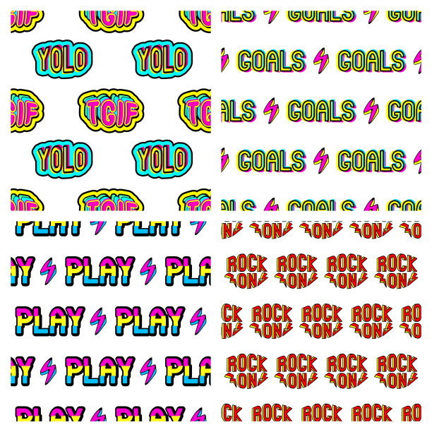 4套无缝模式与单词补丁:“目标”，“玩”，“摇滚”，“TGIF, YOLO”。有趣的向量壁纸。古怪的卡通风格设计。大头针，邮票，贴纸五颜六色的背景。图片下载