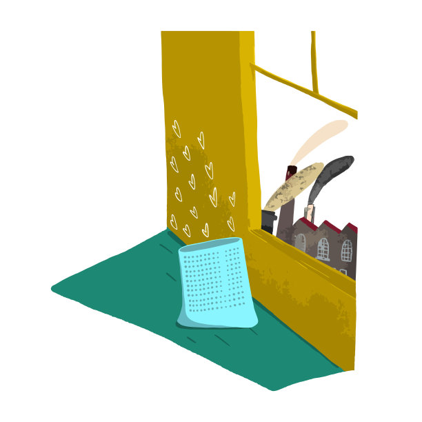 空气净化器在窗户上。窗外有一家工厂图片下载