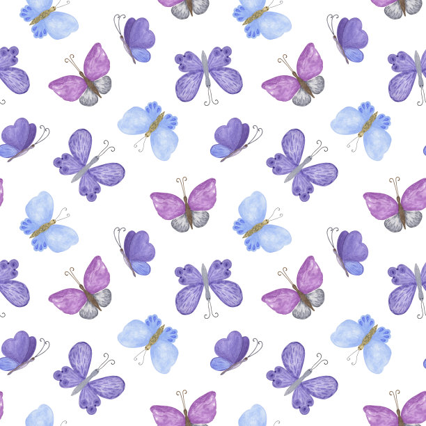 蓝、紫、紫蝴蝶无缝图案水彩插画任意顺序，简单的手绘重复装饰纺织品，礼品纸，夏季装饰图片下载