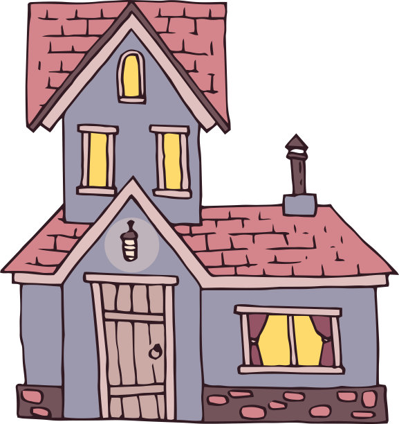 紫色的房子，粉红色的瓦屋顶和阁楼地板图片下载