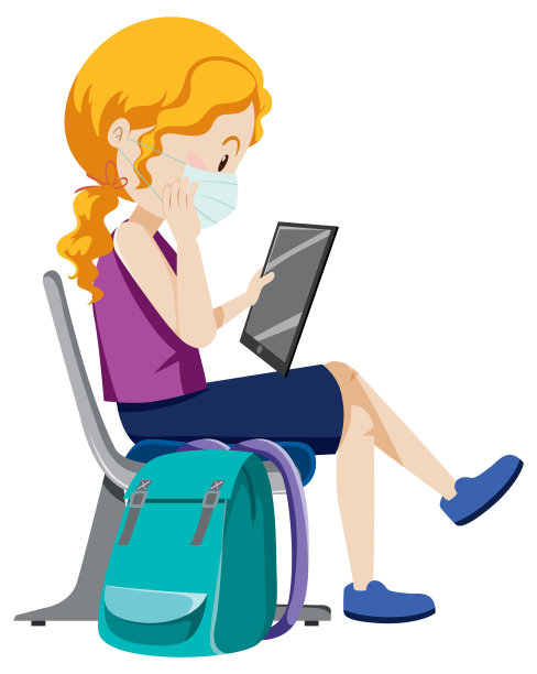 一名女性旅行者坐着使用平板电脑图片下载