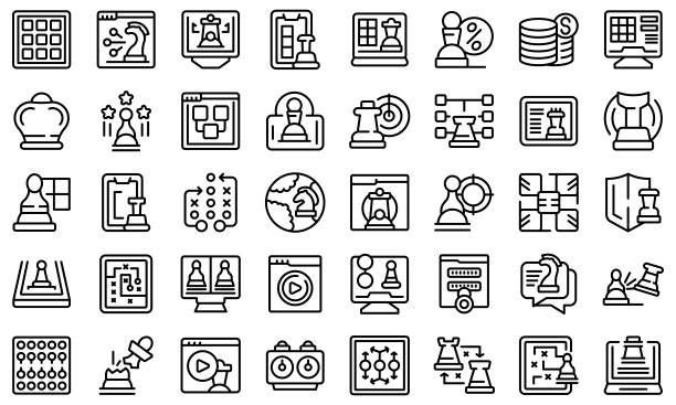 在线象棋游戏图标集合轮廓向量。人们的活动图片下载