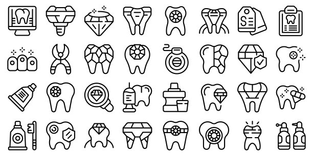 牙齿宝石图标集轮廓矢量图。牙科护理图片下载