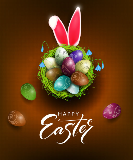 复活节棕色卡片，有窝和蛋，兔子耳朵图片下载