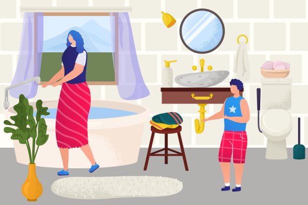 家庭浴室室内，矢量插图，孩子，母亲，家庭妇女角色，在浴缸里洗，使儿童卫生清洁。图片下载
