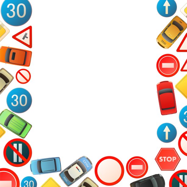 道路标志垂直框架边界。汽车交通背景。指定和限制。从上面俯视。卡通搞笑风格。平面设计。孤立在白色的。说明向量图片下载
