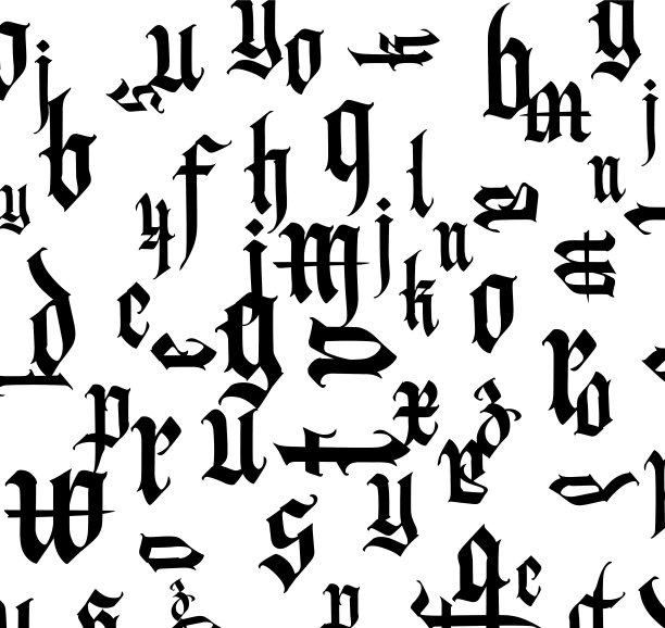哥特式字体,组成。向量。中世纪拉丁字母。随机排列的字母。黑色字母孤立在白色背景上。面料和包装的设计。图片下载