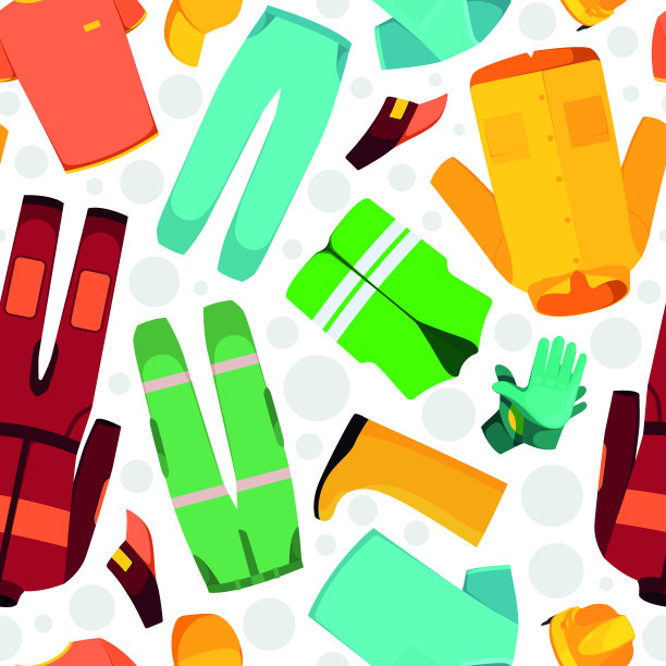 工作服的模式。时尚纺织品设计模板与不同的制服衣服，夹克，裤子和西装花哨的矢量无缝背景图片下载