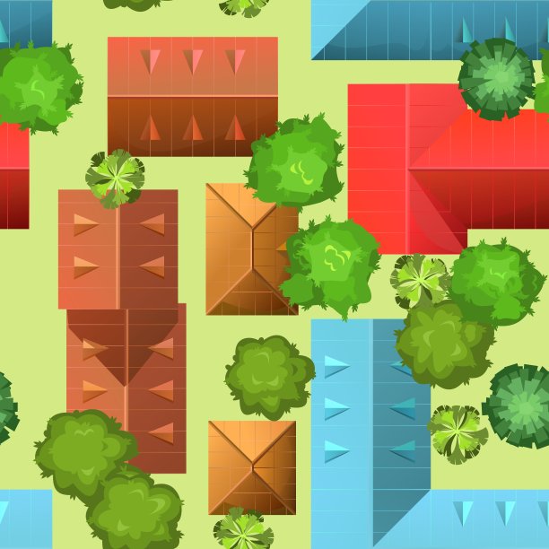 居住小区。俯视图从上面。无缝模式。小镇上的小房子和路。地图上有道路、树木和建筑物。现代汽车。卡通可爱风格插图。向量图片下载