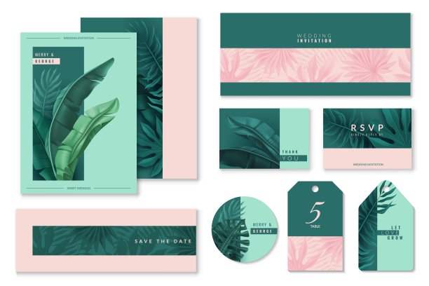 热带树叶婚礼横幅。热带树叶套结婚卡片。庆祝活动的邀请。粉色和蓝色。矢量图图片下载