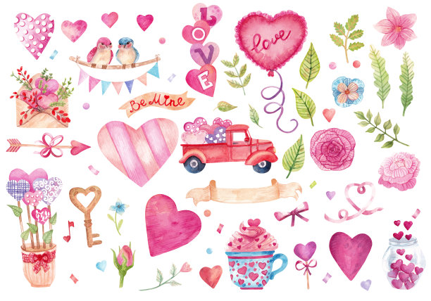大水彩系列元素上的爱情主题。图片下载