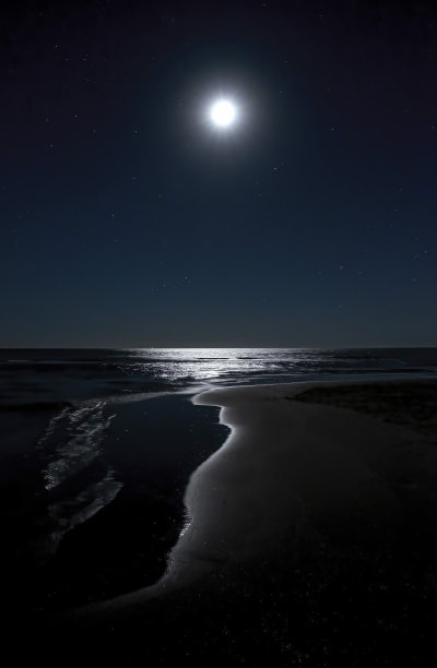 夜晚的图像，繁星闪烁的天空中的月亮反射在海边的水面上，画出了一个光的洞穴，西班牙韦尔瓦的卡内拉岛图片下载