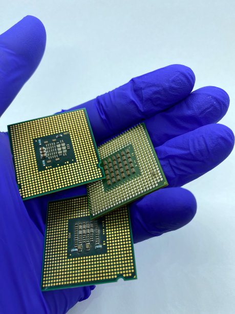 三个微处理器保持在手上，手套特写视图孤立在白色背景上图片下载