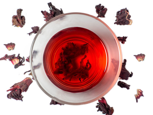 Karkade。茶饮料在杯子里。玻璃杯里的红色液体。图片下载