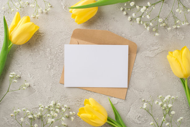 俯视图照片的妇女的一天组成牛皮纸信封和纸表黄色郁金香和白色的石膏在孤立的纹理灰色混凝土背景与copyspace图片下载