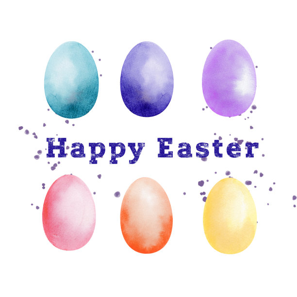 复活节和春天的贺卡上有彩色的彩蛋和颜料飞溅，复活节贺卡上有快乐的复活节题词。图片下载