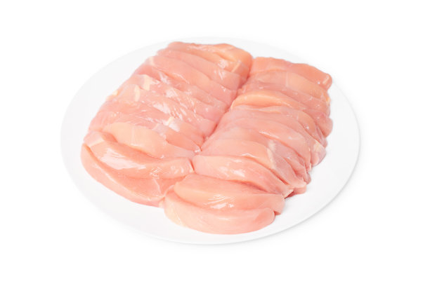 新鲜鸡腿近距离隔离。俯视图四件生鸡腿在一个白色的盘子在一个白色孤立的背景。图片下载