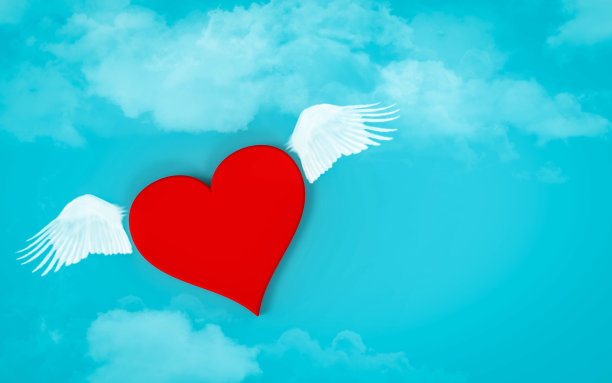 红心带着白翅膀在天空中飞翔。爱的概念。三维渲染图片下载
