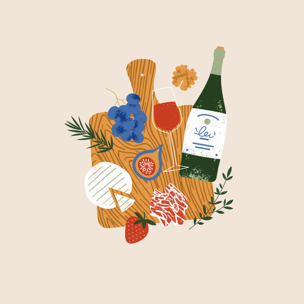 开胃酒小吃板。一瓶葡萄酒和一个玻璃杯。收集各种食物。矢量图图片下载