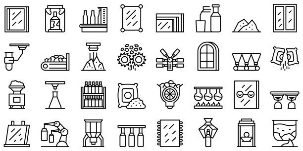 玻璃生产图标设置轮廓向量。原料生产图片下载