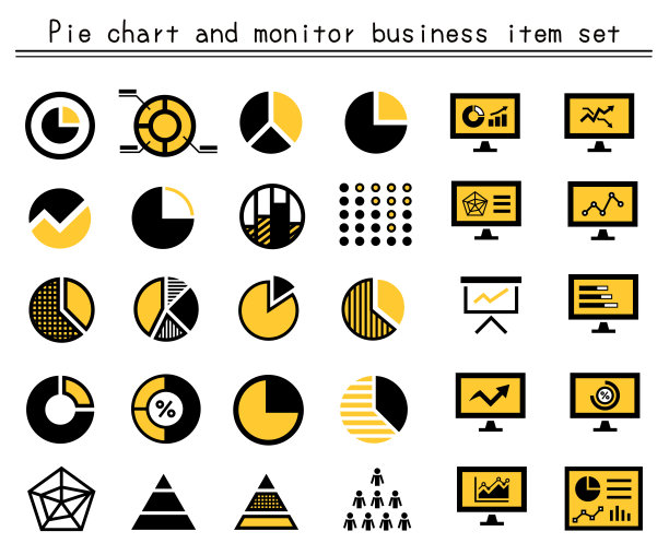 一组黑色和黄色的饼图和监视器图标。图片下载