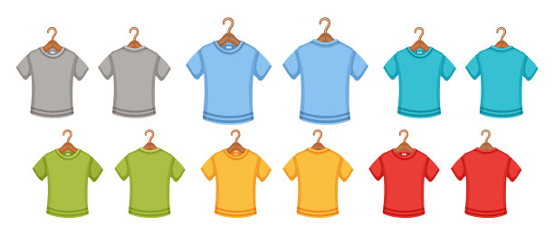 彩色运动t恤在衣架图标集。为男人、女人或小孩悬挂polo衫。前面和后面的视图。短袖棉质休闲纺织品服装。为商店收集服装标识。平面向量图片下载