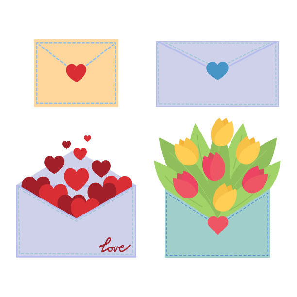 一套印有爱心及鲜花的邮资信封图片下载