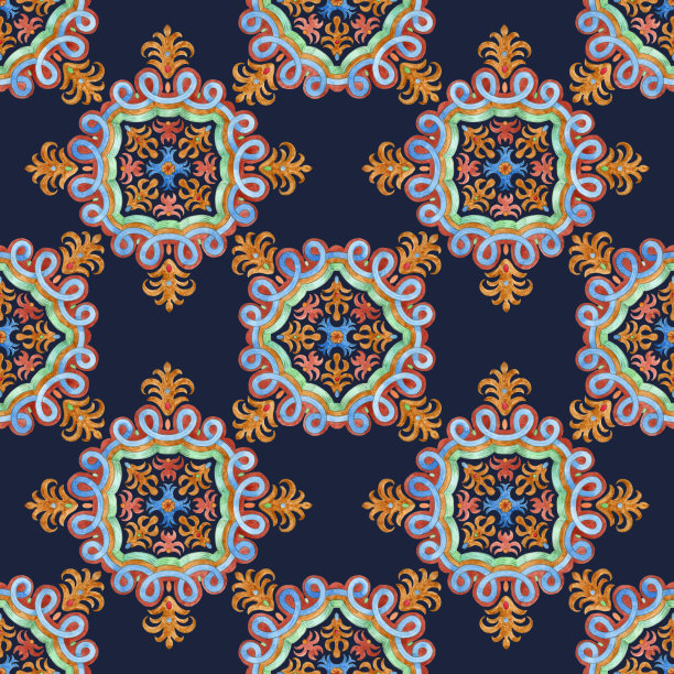 无缝水彩画马赛克瓷砖图案，几何和花卉装饰的地中海majolica陶瓷风格图片下载