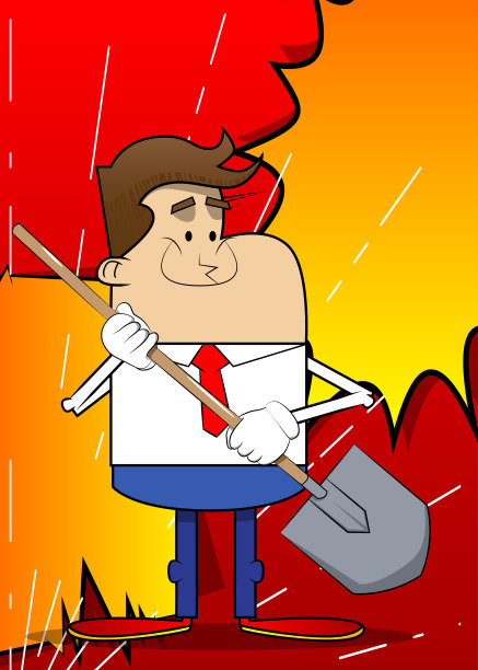 一个商人拿着铲子的简单复古卡通。图片下载