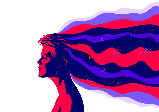 从他的头部矢量插图，正念哲学和心理主题，冥想和意识中运动的抽象流体形状的女人侧面。图片下载