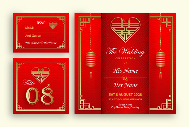 中国东方婚礼请柬模板与东方元素的色彩背景图片下载