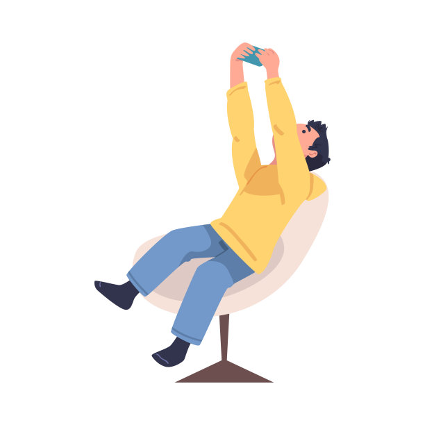 青少年男孩的角色与数字设备坐在扶手椅上遭受网络成瘾向量插图图片下载