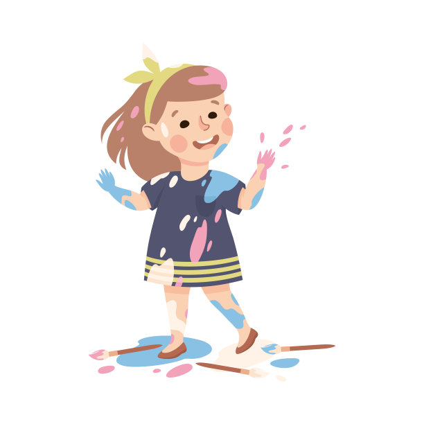 小女孩涂抹在颜料泼溅矢量插图图片下载