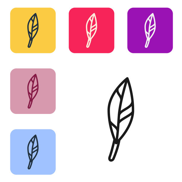 黑色线魔法羽毛图标孤立在白色背景。设置彩色方块按钮图标。向量图片下载