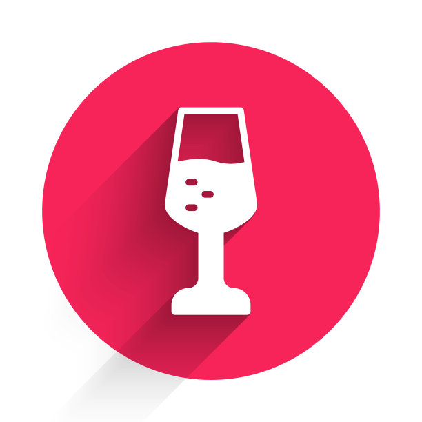 白色玻璃香槟图标孤立与长阴影背景。情人节快乐。红色圆圈按钮。向量图片下载