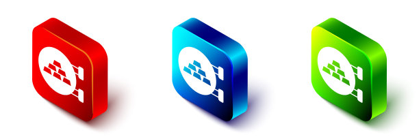 等距珠宝店图标孤立在白色背景上。红色、蓝色和绿色方形按钮。向量图片下载