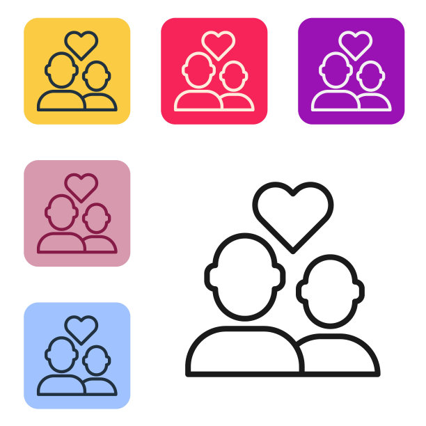 黑线情人夫妇图标孤立在白色背景。情人节快乐。设置彩色方块按钮图标。向量图片下载
