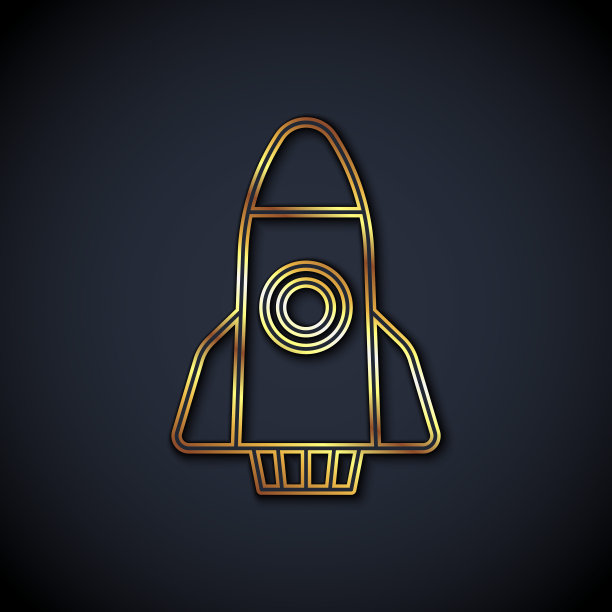 金线火箭船图标孤立在黑色背景上。太空旅行。向量图片下载