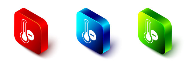 等距气象温度计测量图标孤立在白色背景上。显示炎热或寒冷天气的温度计。红色、蓝色和绿色方形按钮。向量图片下载
